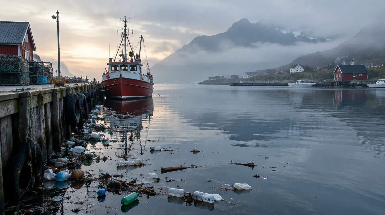 A harbour at dawn with plastic floating along the pier